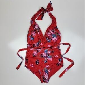 Modcloth Reese Red Floral Halter Ruffle One Piece Swimsuit S